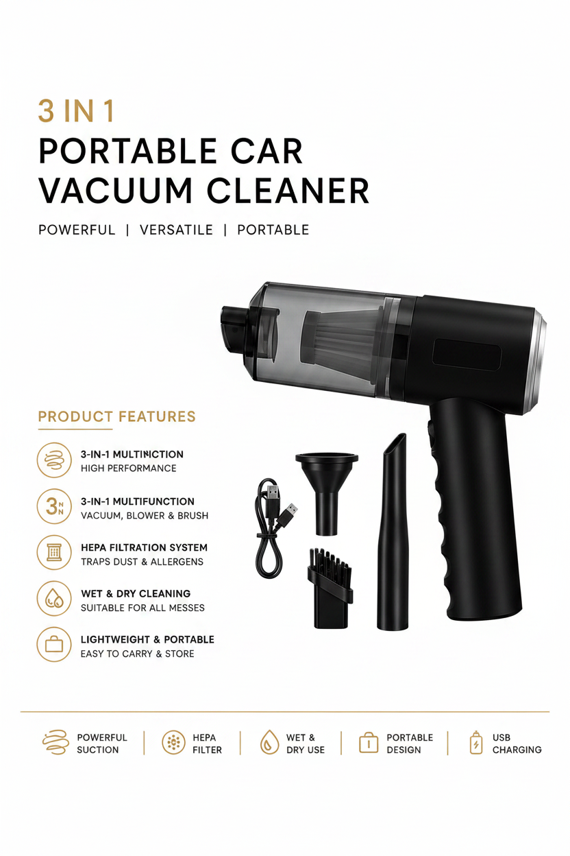 3 IN 1 Portable Car Vacuum Cleaner – White Background, Unchanged Vacuum